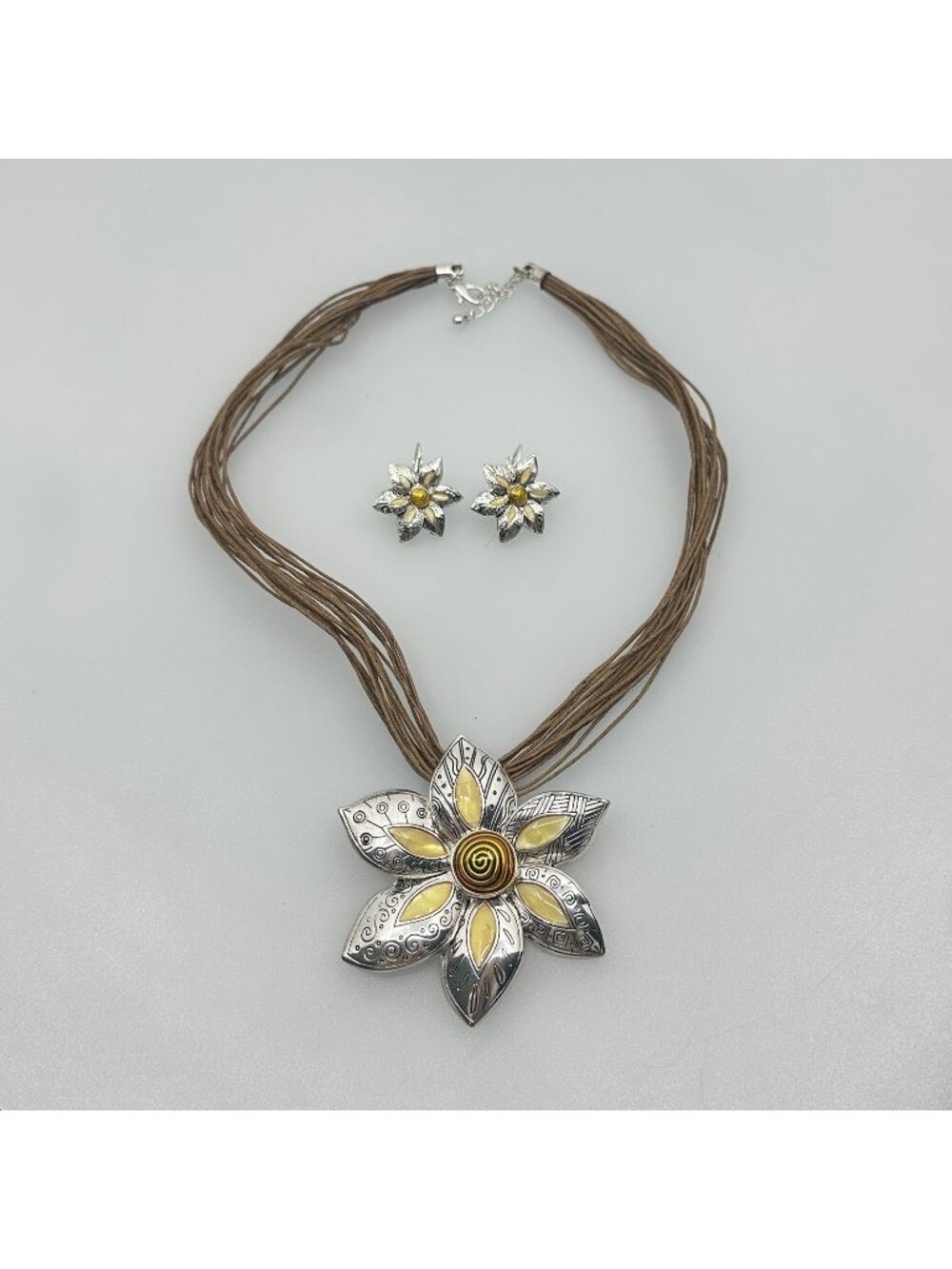 Boho Artisan Floral Necklace & Earrings Set Silver Tone Yellow Inlay Cord